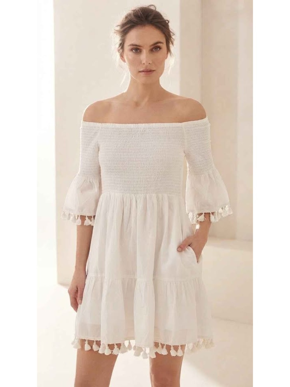 DOTTI White 100% Cotton Smocked Tassel Boho Off-Shoulder Dress Cover-Up Size L